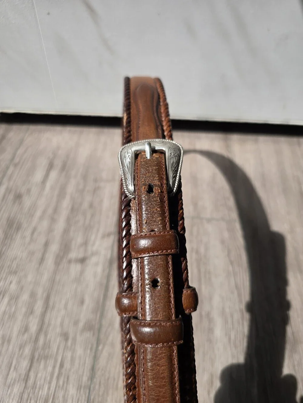 Wrangler Western Belt Mens 40 Brown Genuine Leather Braided Rope Silver Buckle